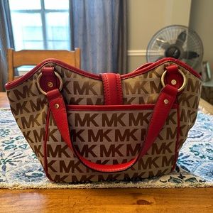 Michael Kors satchel nylon buckle bag 1974222 Tan/Brown with red leather straps